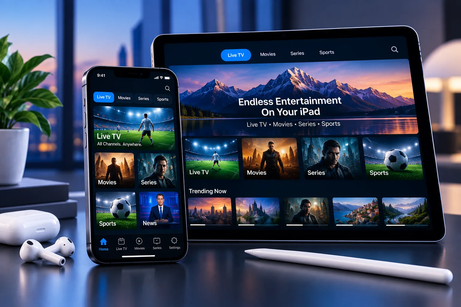 IPTV streaming app open on an iPhone and iPad, showing Live TV, Movies, Series and Sports categories